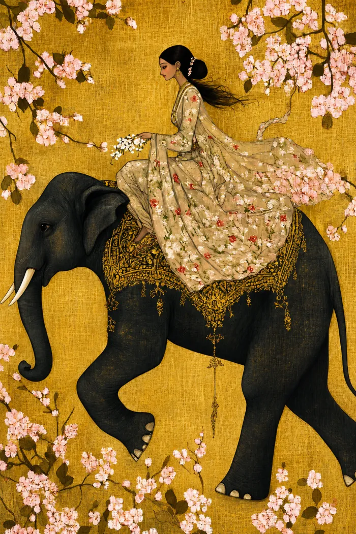 Woman Riding Elephant Floral Gold Canvas wall art print | PrintPosters.in