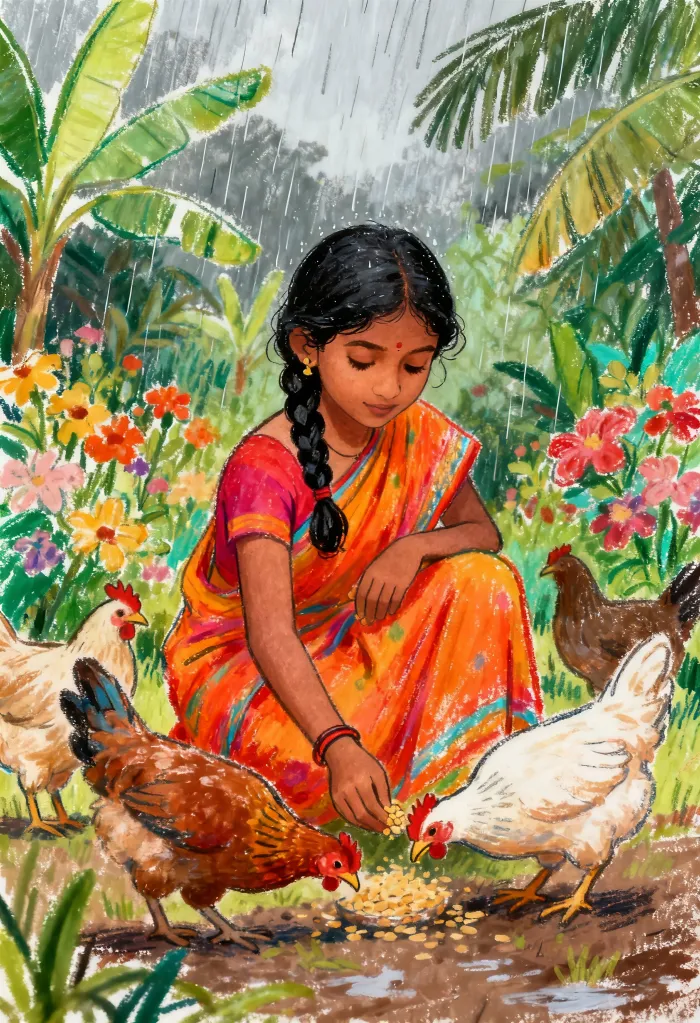 Girl Feeding Chickens in Rain Canvas Print wall art print | PrintPosters.in