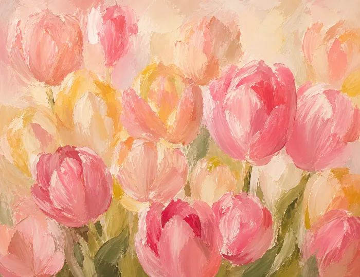Thickly textured oil style artwork featuring dense pink and yellow tulip blooms in vibrant impasto strokes. | PrintPosters.in