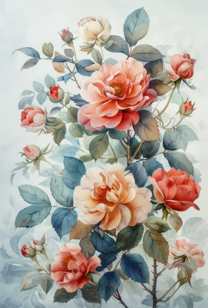 Soft watercolor illustration of peach and coral roses with muted blue-green leaves on light background. | PrintPosters.in