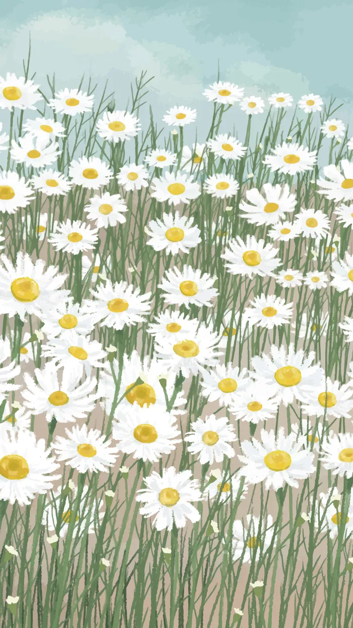 Impressionistic painterly illustration of a dense field of blooming white daisies under a light blue sky. | PrintPosters.in