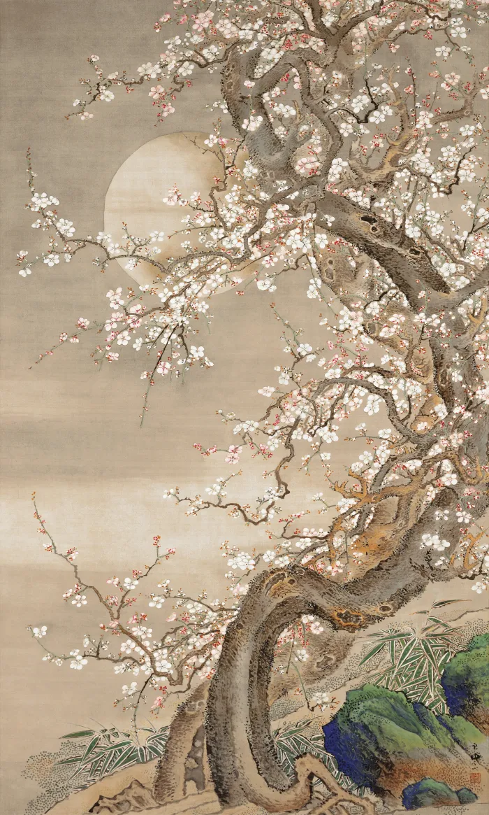 Traditional Asian ink painting of an ancient gnarled plum tree with white flowers against a glowing full moon. | PrintPosters.in
