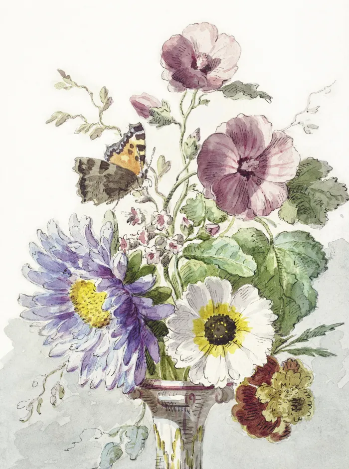 A delicate watercolor artwork of a floral bouquet with purple asters, hollyhocks, white flowers, and a perched butterfly. | PrintPosters.in