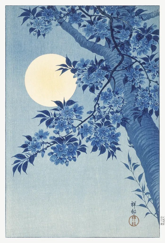 Indigo blue Japanese cherry blossom tree branches under a large glowing pale yellow full moon. | PrintPosters.in