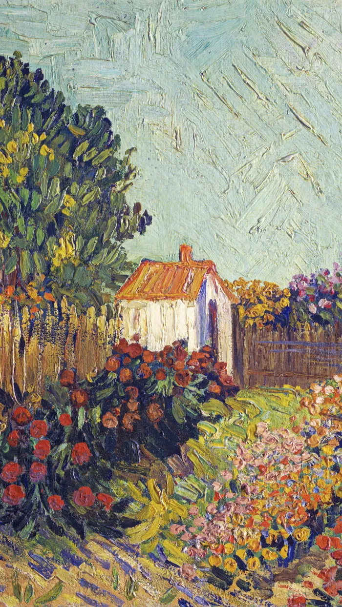 Impressionist style painting of a white cottage with orange roof among vibrant blooming flower beds and tall trees. | PrintPosters.in