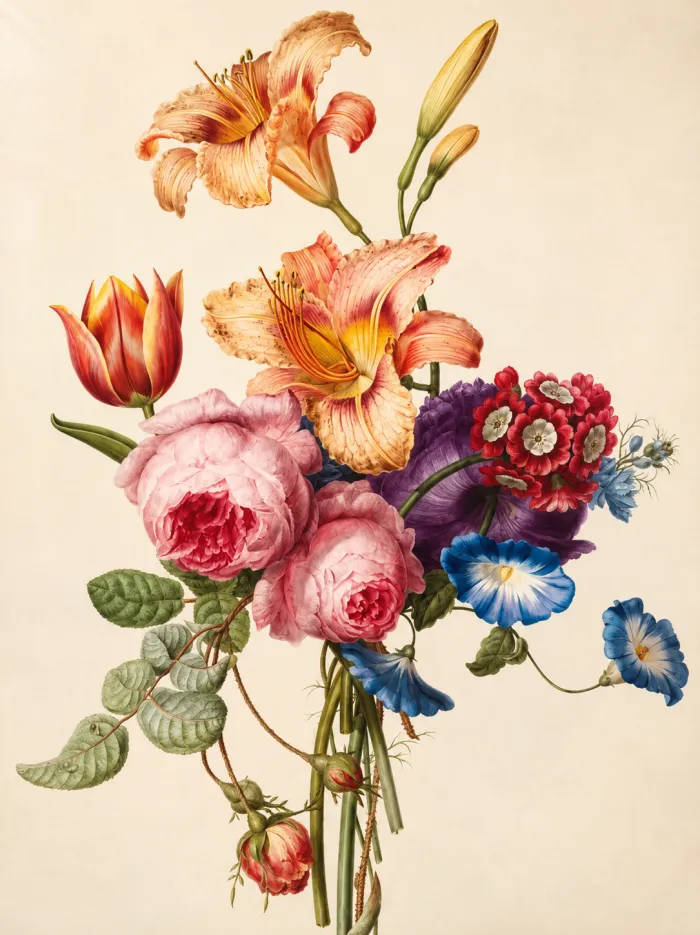 Vintage botanical illustration featuring orange daylilies, lush pink cabbage roses, a red tulip, and blue morning glories. | PrintPosters.in