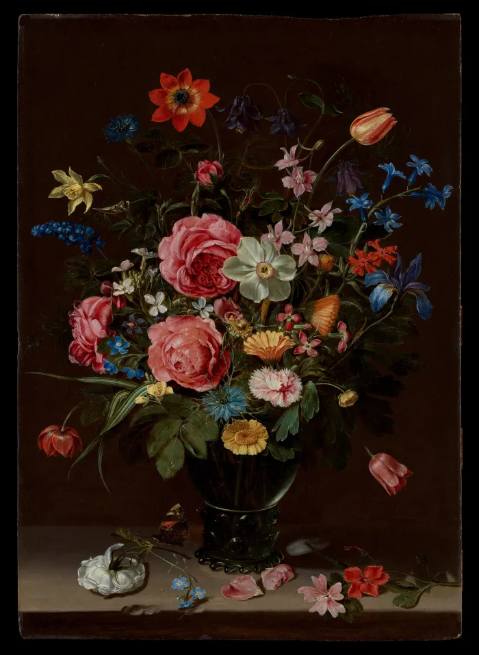 Classical Dutch Golden Age oil painting of a vibrant flower bouquet in a glass vase against a dark background. | PrintPosters.in