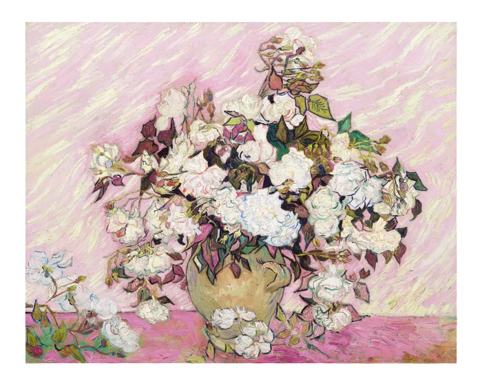 Vincent van Gogh oil painting of white roses in a ceramic vase against a pink textured background | PrintPosters.in