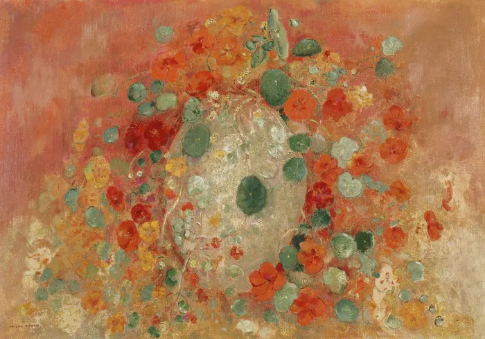 Symbolist floral artwork depicting vibrant orange nasturtiums and rounded green leaves against a warm terracotta backdrop. | PrintPosters.in