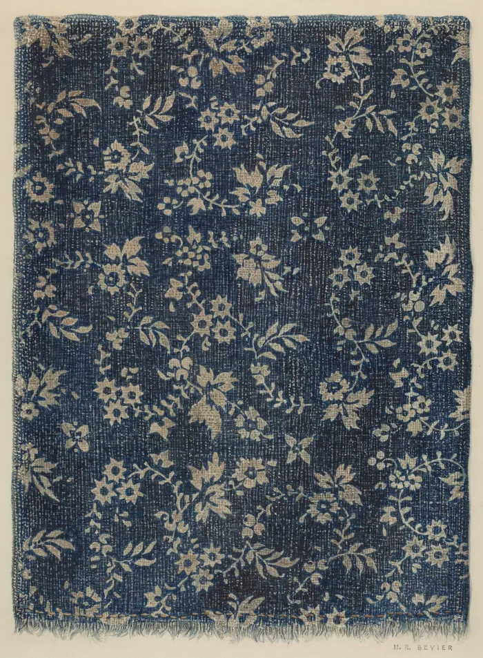 A vintage indigo blue fabric pattern artwork featuring beige floral vines and frayed edges. | PrintPosters.in