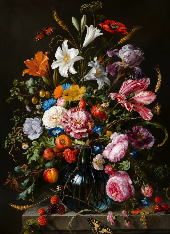 Classic Baroque painting of a lush floral bouquet with striped tulips and lilies in a glass vase on a dark background. | PrintPosters.in