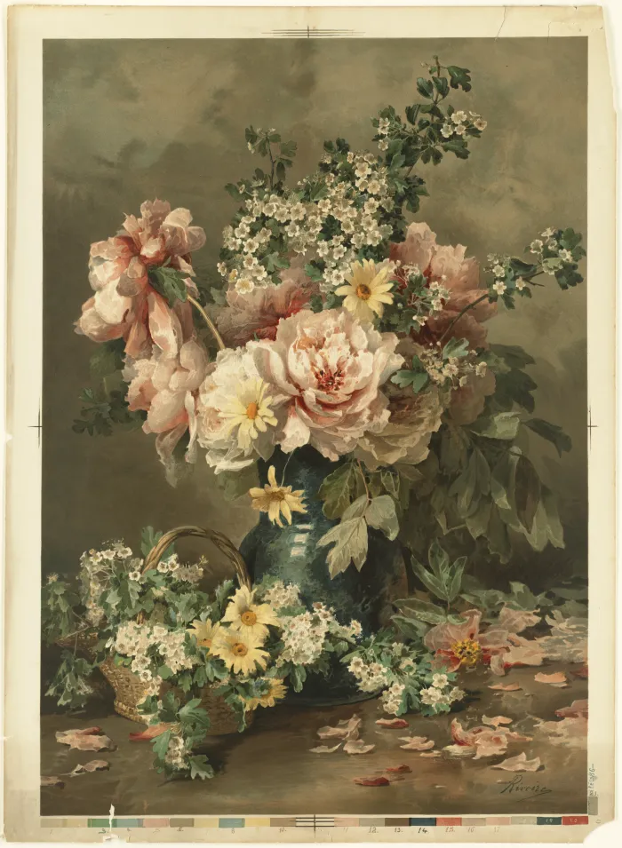 Vintage watercolor painting of pink peonies and yellow daisies in a dark teal vase with scattered petals. | PrintPosters.in