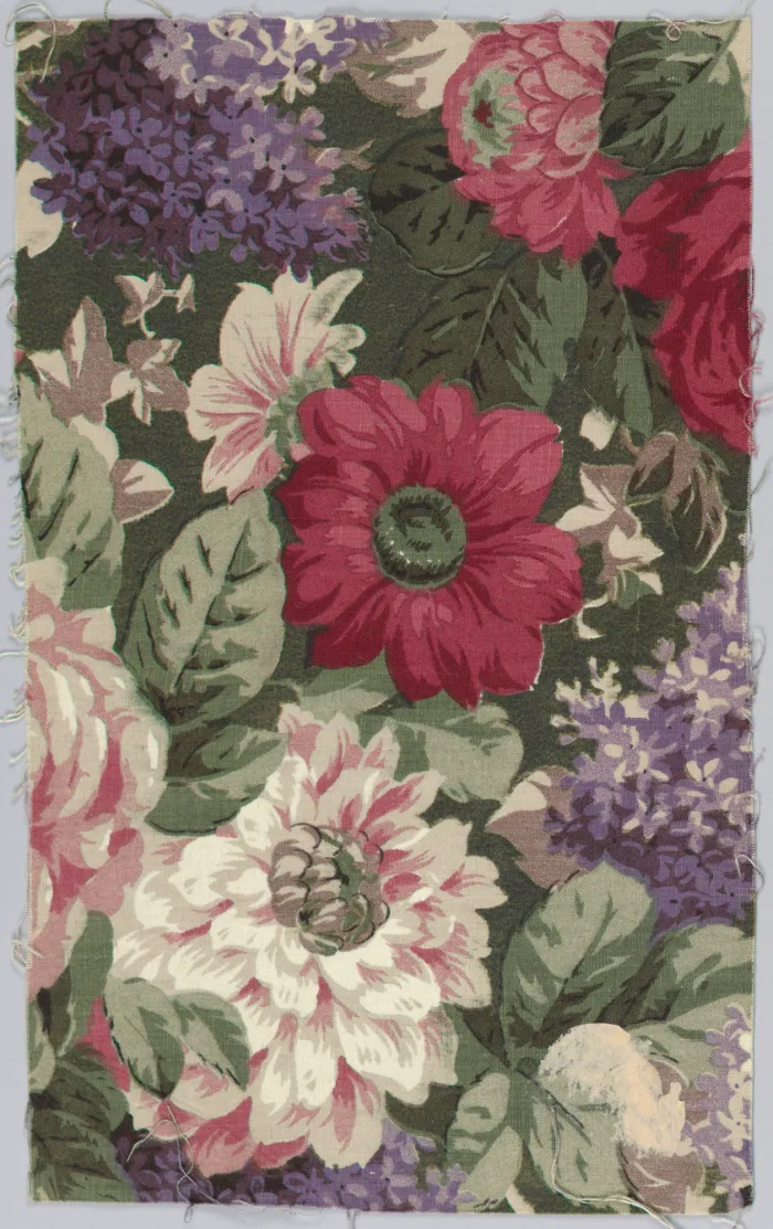 Vintage botanical chintz textile pattern featuring crimson dahlias, lavender lilacs, and pink roses on dark green foliage. | PrintPosters.in
