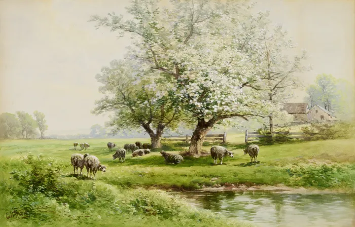 Pastoral watercolor painting of sheep grazing in a green spring meadow beside a stream and blossoming white tree. | PrintPosters.in