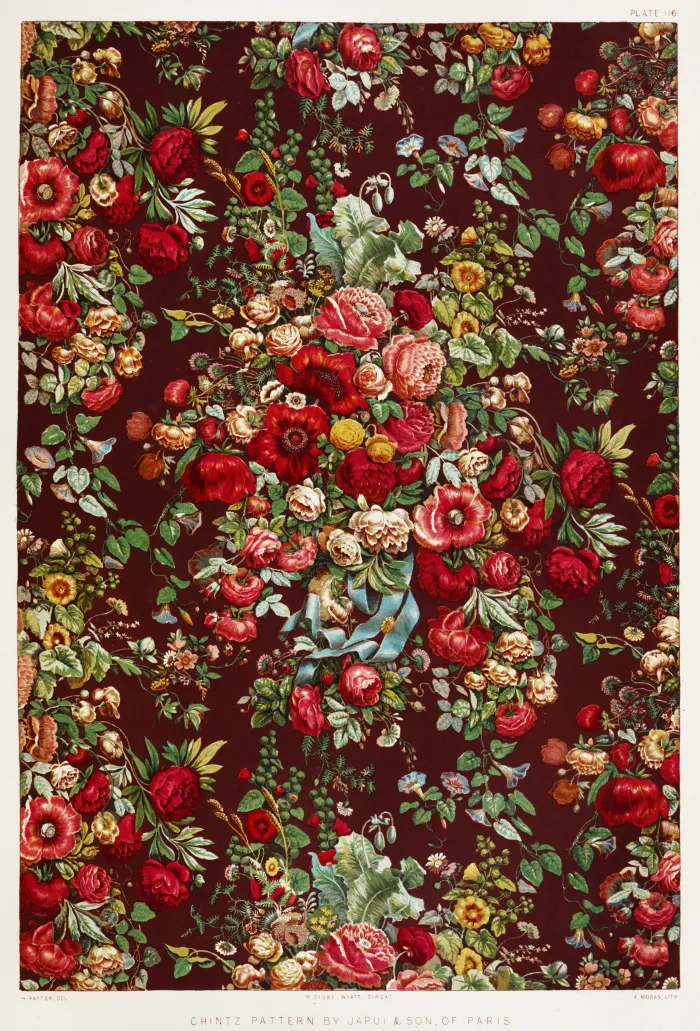 Victorian red floral chintz pattern featuring red roses, poppies, green leaves, and blue ribbon on maroon ground. | PrintPosters.in