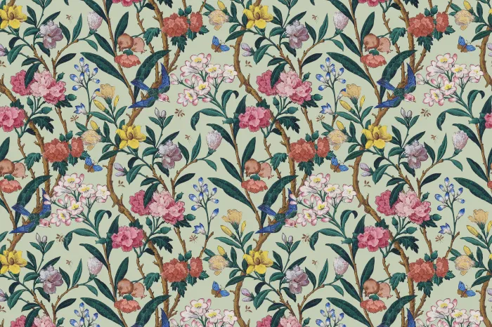 Vintage Chinoiserie floral pattern artwork featuring pink peonies, yellow flowers, bluebirds, and butterflies on sage green. | PrintPosters.in