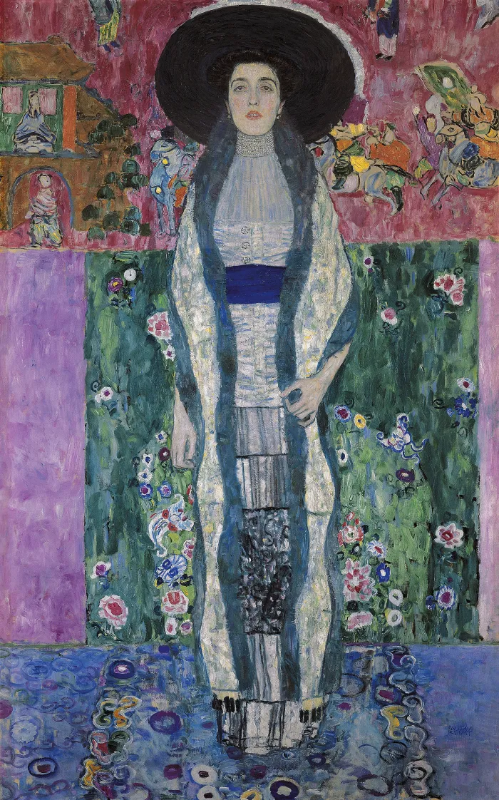 Full-length Art Nouveau portrait of a woman in a wide black hat, blue stole, and white dress by Gustav Klimt. | PrintPosters.in