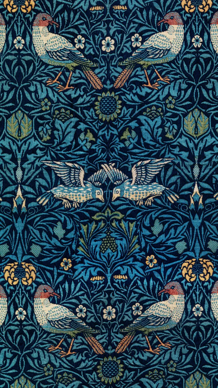 Intricate Arts and Crafts style navy blue woven pattern featuring stylized birds among leaves and small flowers. | PrintPosters.in