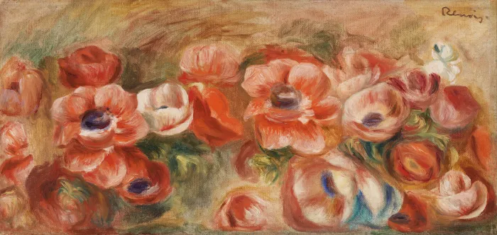 Impressionist painting of horizontal red and pink anemone flowers on a warm ochre canvas ground. | PrintPosters.in