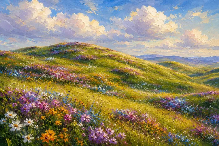 Impasto oil style painting of sun-drenched green rolling hills blanketed in colorful wildflowers under a blue sky. | PrintPosters.in