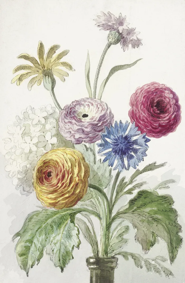 Vintage watercolor painting of a colorful spring flower bouquet in a slender glass vase on a neutral background. | PrintPosters.in