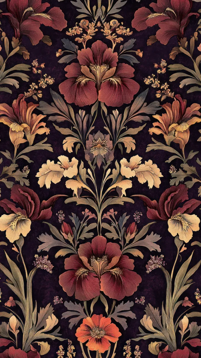 A vertical dark academia botanical pattern with rich burgundy irises and warm gold accent flowers on a dark purple backdrop. | PrintPosters.in