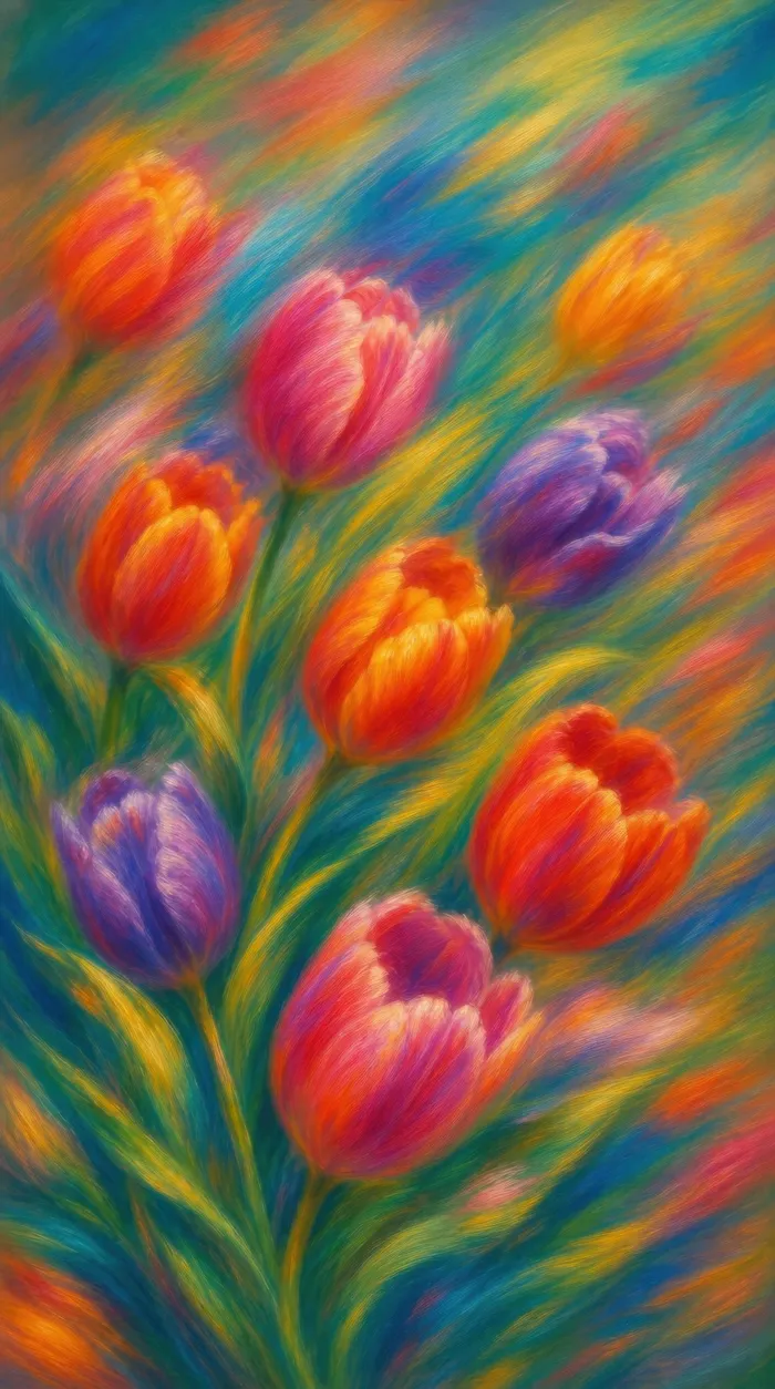 Impressionistic painting of vibrant red, orange, pink, and purple tulips with sweeping, colorful brushstrokes. | PrintPosters.in