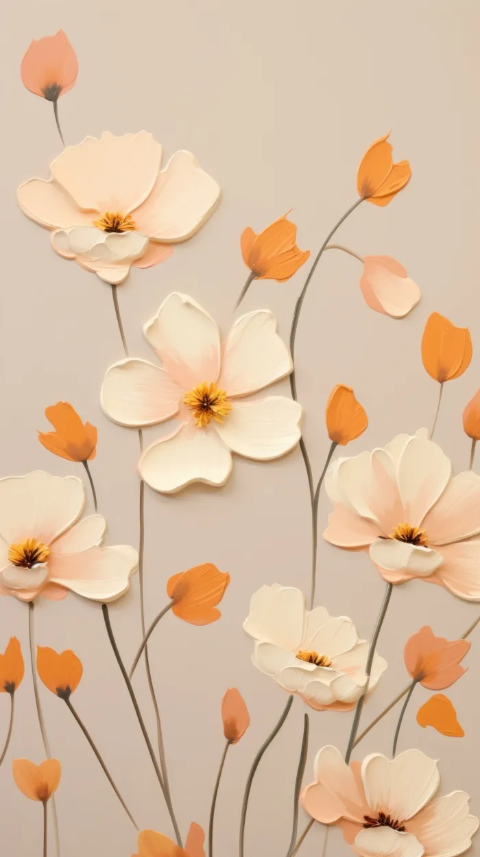 3D impasto styled soft peach and cream flower blossoms with thin dark stems on a warm beige background. | PrintPosters.in