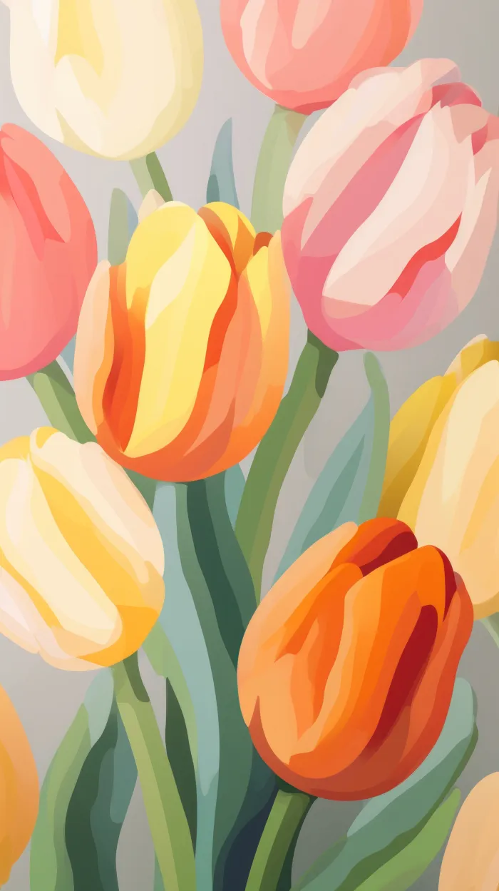 A stylized vertical vector illustration of colorful pastel tulips in orange, yellow, pink, and cream with green leaves. | PrintPosters.in
