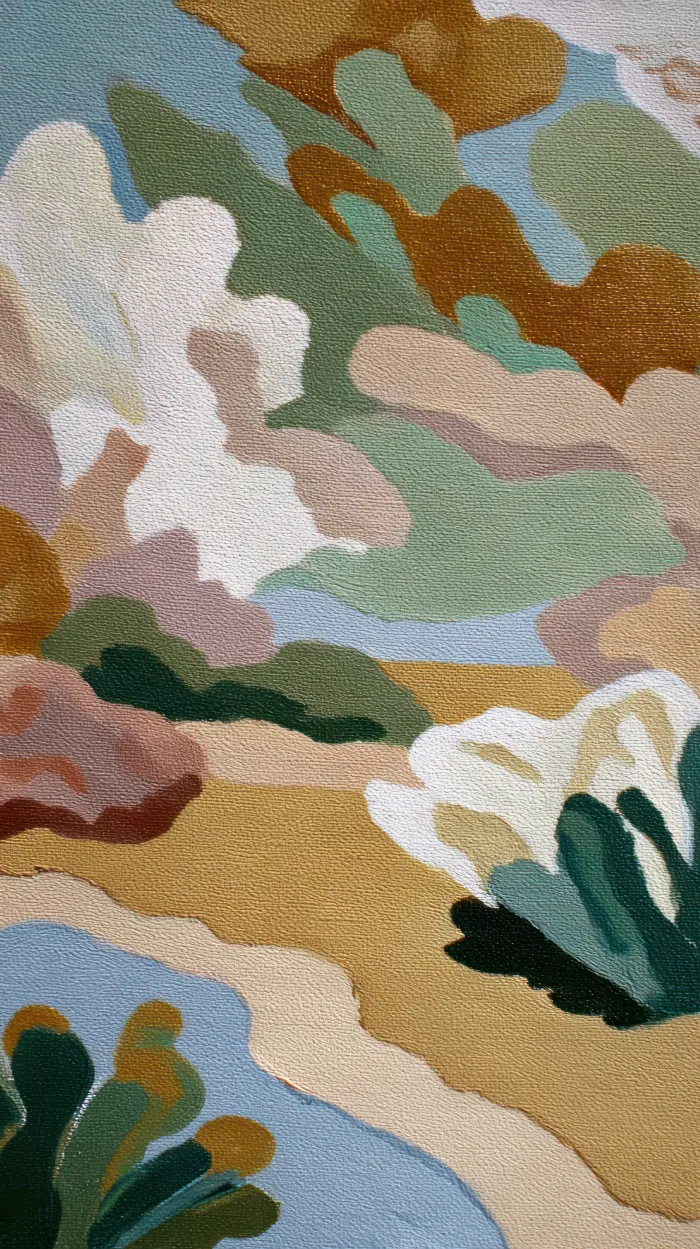 Abstract artwork featuring contoured organic shapes in sage green, terracotta, mustard ochre, dusty pink, and sky blue. | PrintPosters.in