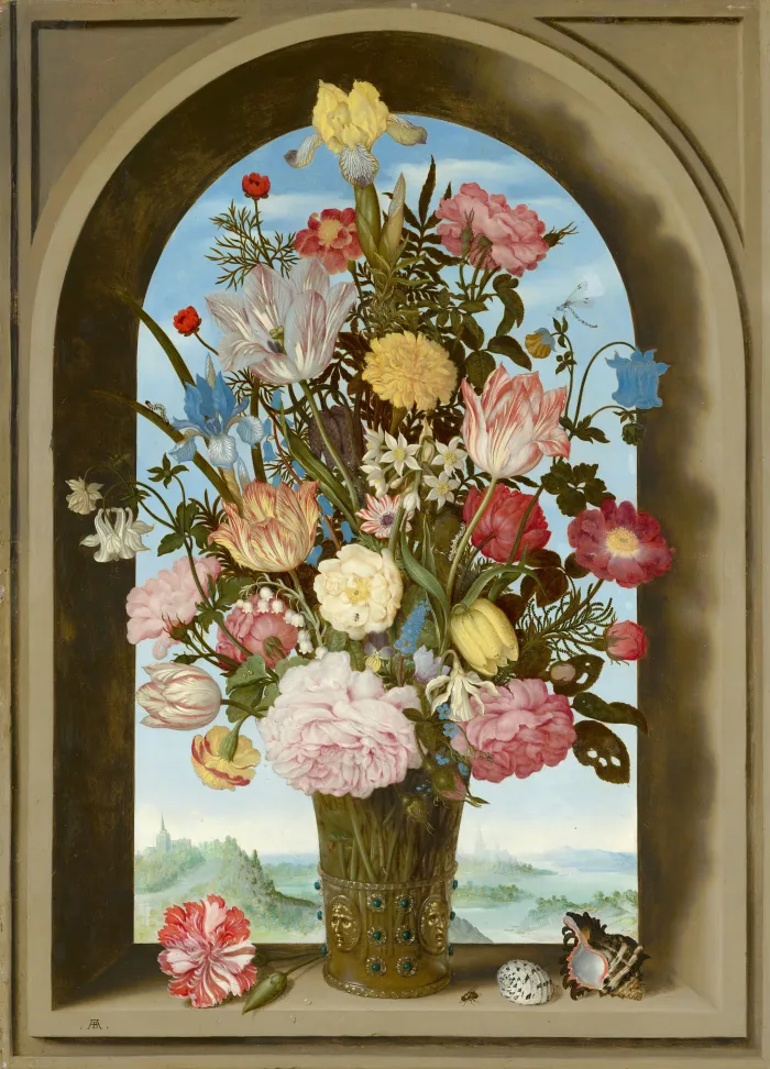 A detailed 17th-century Dutch still life painting of colorful flowers in a decorated vase inside a stone window niche. | PrintPosters.in