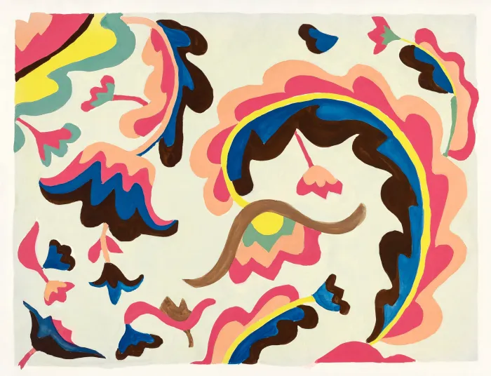 Vibrant abstract folk art painting showing colorful pink, blue, yellow, and brown botanical motifs on light background. | PrintPosters.in