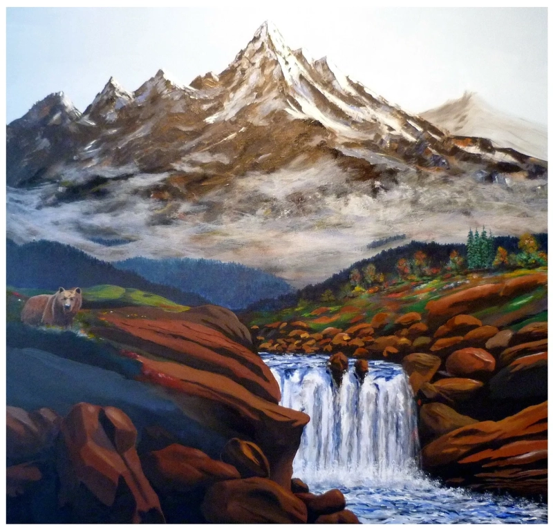 Oil painting of a snow-peaked mountain summit, mist, cascading waterfall over reddish rocks, and a brown bear. | PrintPosters.in