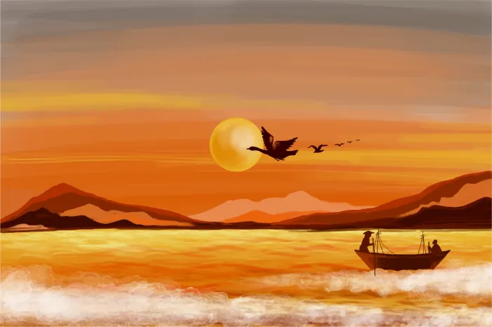 Silhouetted figures on a wooden river boat gliding across golden sunset water under flying birds. | PrintPosters.in