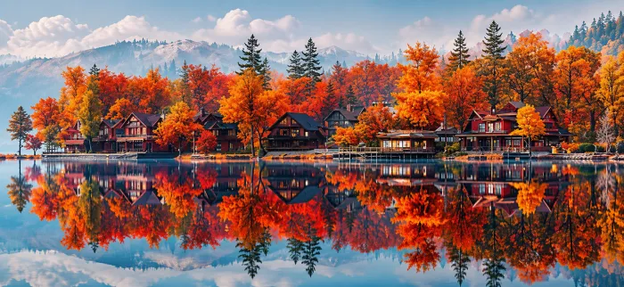 Panoramic view of fiery orange autumn trees and wooden lake houses mirrored in a calm, clear lake with mountains in background. | PrintPosters.in