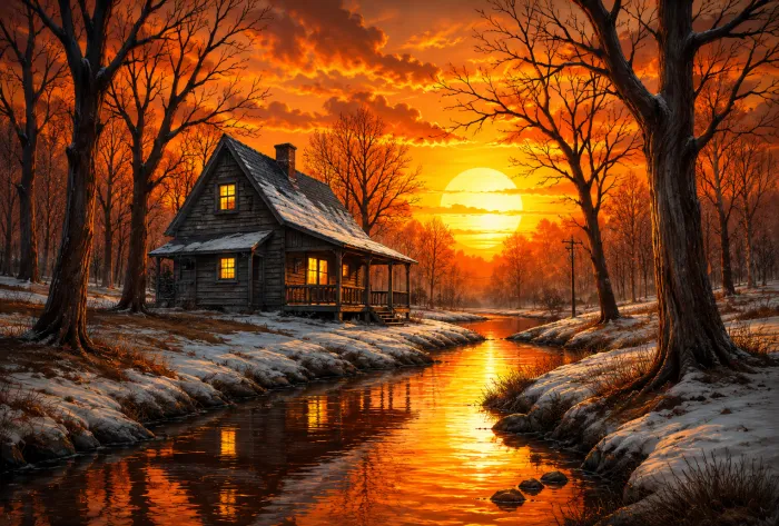 A rustic wooden cabin with lit windows beside a river reflecting a radiant orange winter sunset. | PrintPosters.in