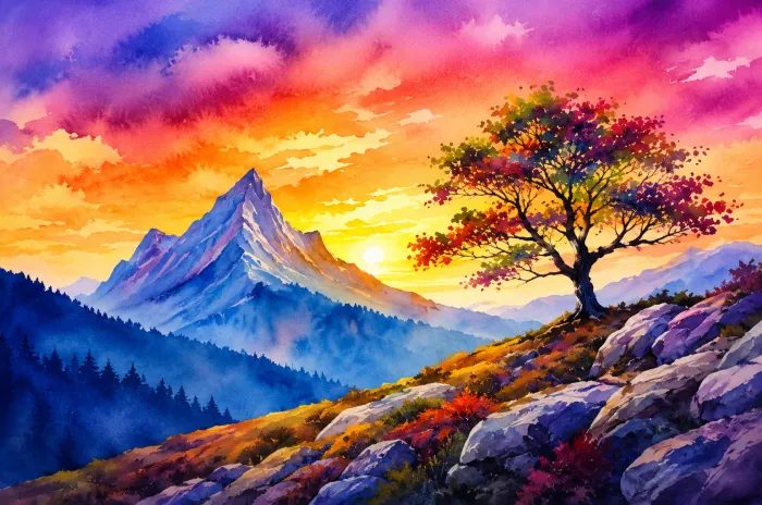 Vibrant watercolor painting of a majestic snow-capped mountain under a colorful pink and orange sunset sky. | PrintPosters.in