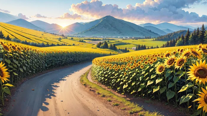 A winding road curving through a vast golden sunflower field leading toward sunlit green mountains. | PrintPosters.in