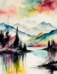 Abstract watercolor landscape of mountains reflected in a serene lake with dark tree silhouettes under a colorful sky. | PrintPosters.in