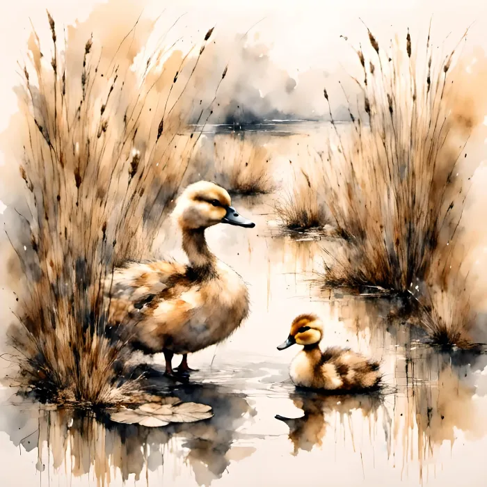 A soft watercolor painting of a duck and a small duckling standing amongst tall reed grasses near water. | PrintPosters.in