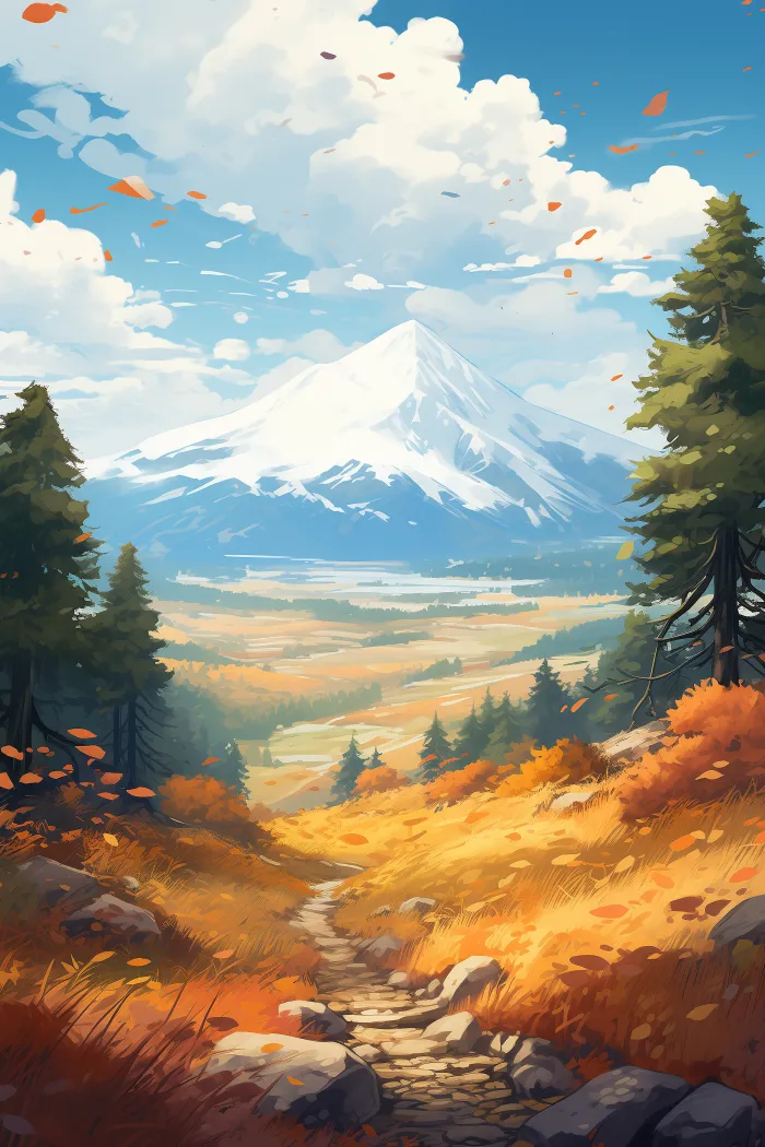 Anime style landscape painting of a majestic snow-dusted mountain rising over a golden autumn valley with a stone pathway. | PrintPosters.in