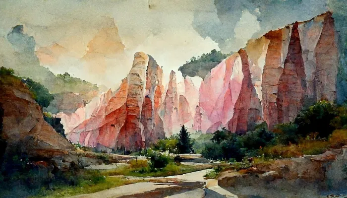 Watercolor artwork of towering pink and terracotta desert canyon rocks under a soft hazy sky with green foliage below. | PrintPosters.in