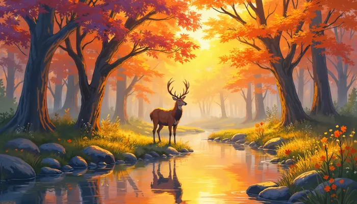 A majestic stag standing beside a glowing river in a golden autumn forest filled with bright orange and red trees. | PrintPosters.in