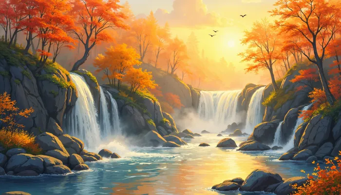 Golden sunset illuminating waterfalls surrounded by vivid orange autumn trees cascading into a tranquil blue river. | PrintPosters.in