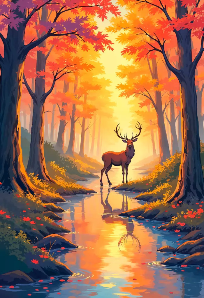 A majestic antlered deer standing in a clear forest stream surrounded by glowing orange and golden autumn trees. | PrintPosters.in