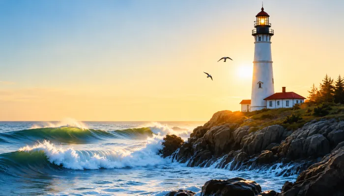 A historic white lighthouse stands on a rocky cliff beside crashing emerald waves during a golden sunset. | PrintPosters.in