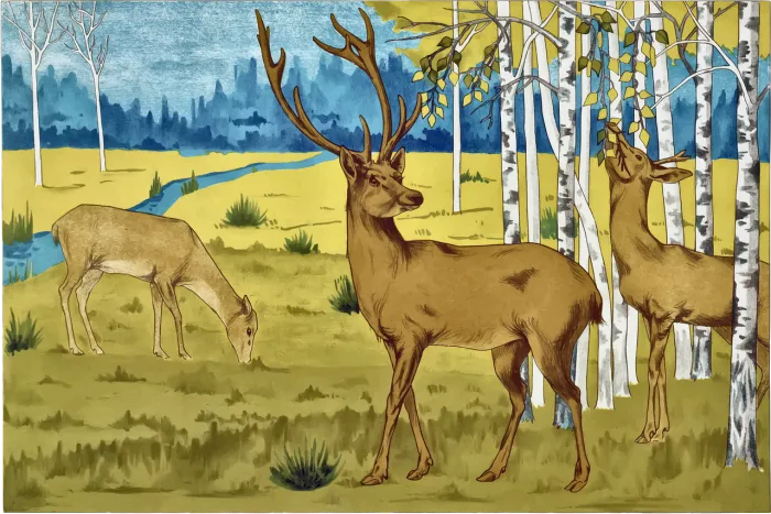 Illustration of three deer grazing amidst white birch trees in a yellow ochre meadow near a blue stream. | PrintPosters.in
