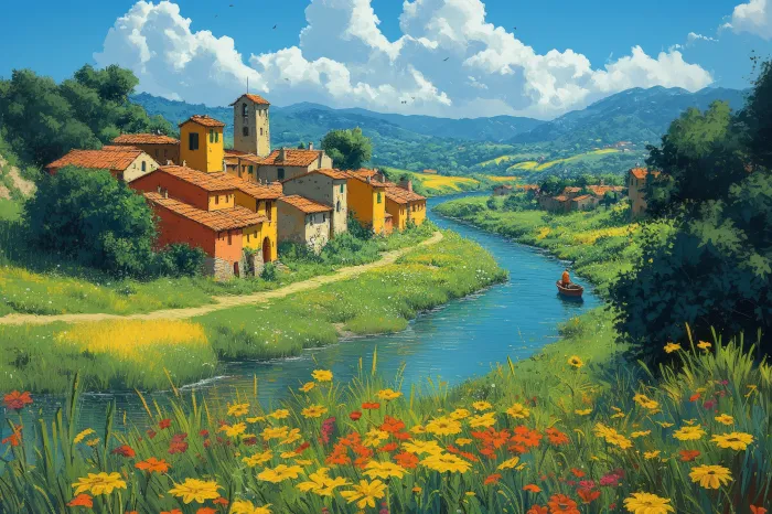 Vibrant digital painting of a sunlit European river village surrounded by green hills and bright yellow wildflowers. | PrintPosters.in