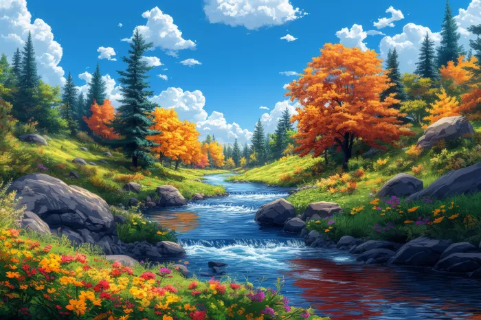 A vibrant digital landscape featuring a rushing blue river, golden autumn trees, and wildflowers under a bright sky. | PrintPosters.in