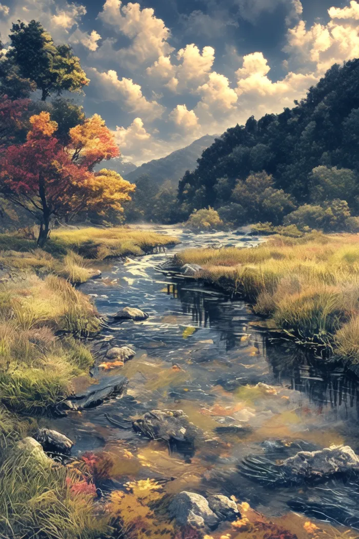 A clear mountain river flowing through grassy banks and colorful autumn trees under a soft cloudy sky. | PrintPosters.in